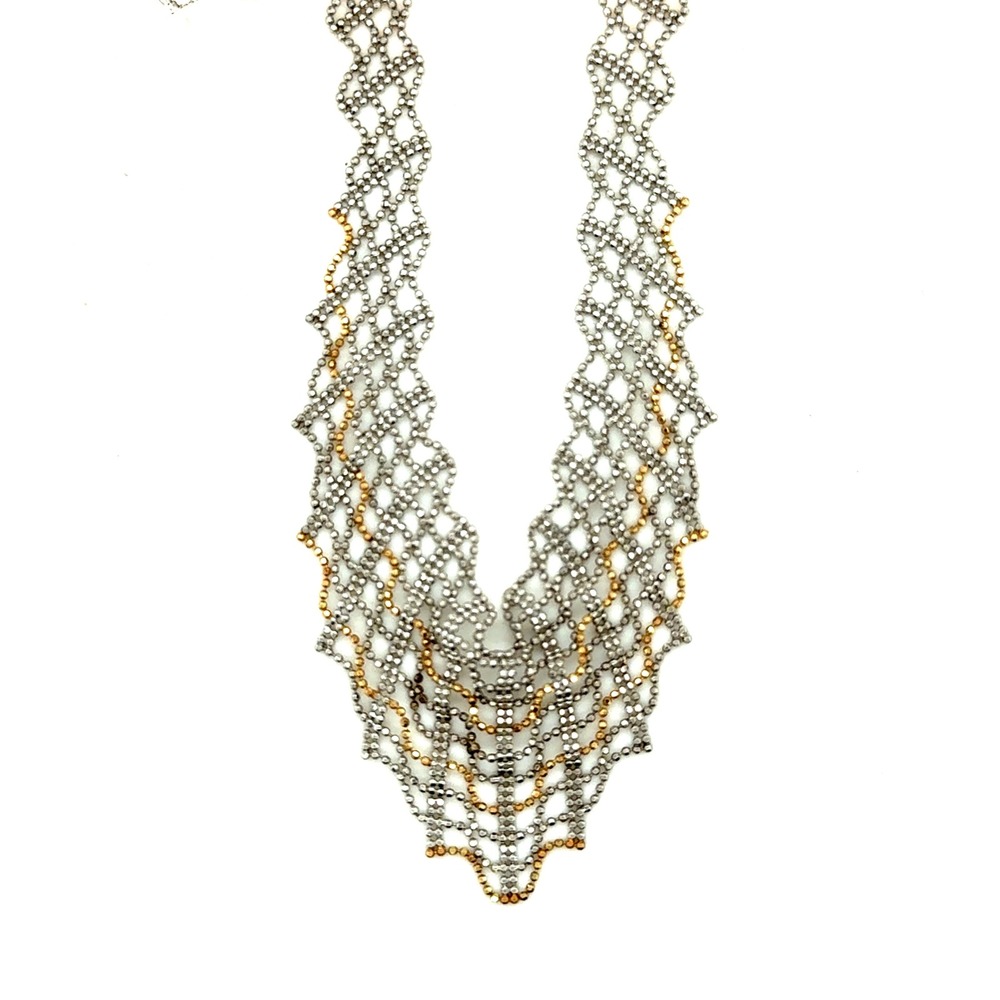 RL Sterling Silver 925 14K Gold Woven Mesh Bib Necklace 17 Inch Two Tone Bead